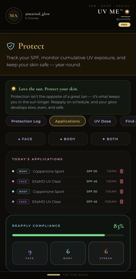 Protect screen: logging an application for face, body or both, with the product, the SPF and water resistance