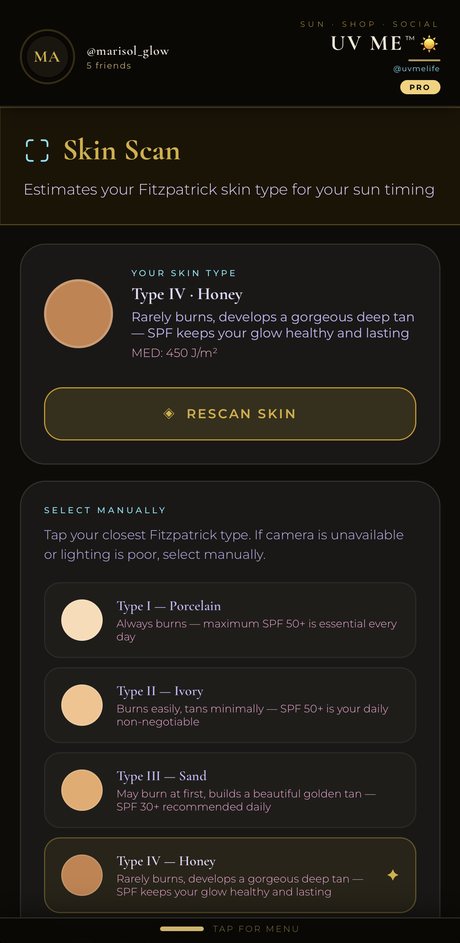Skin Scan screen: your Fitzpatrick skin type with a swatch picker